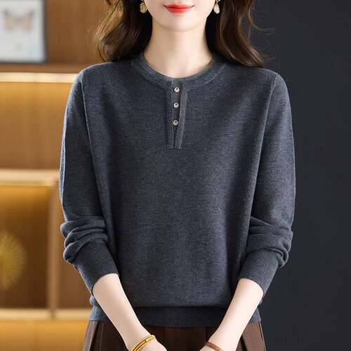 中年妈妈春秋新款圆领羊毛衫女毛衣宽松大码洋气百搭针织打底上衣