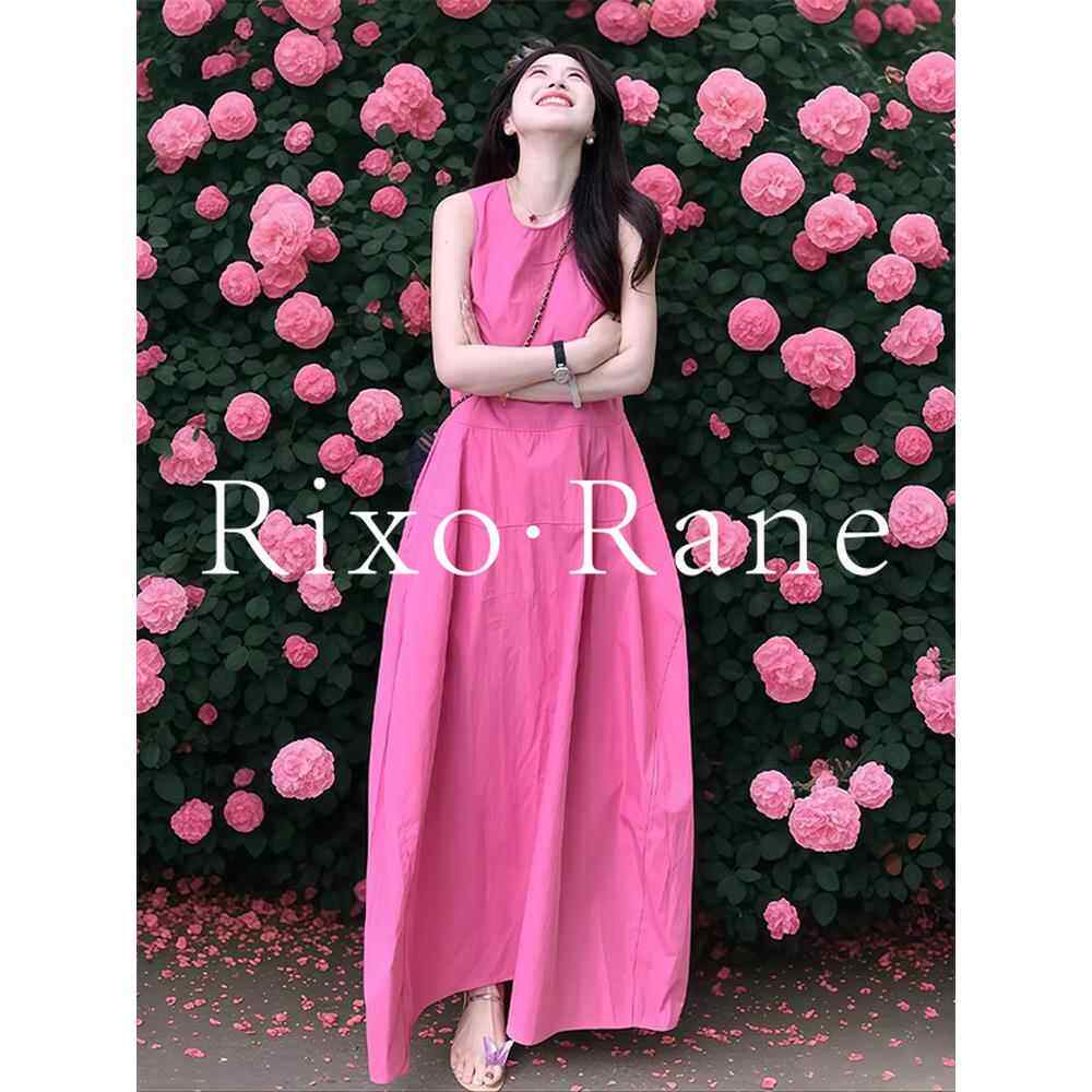 法国Rixo Rane?玫瑰粉色多巴胺无袖背心连衣裙女性夏季宽松修身长