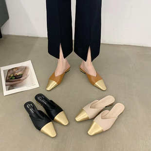 法式低跟半托单鞋女鞋子2023新款春夏季外穿平底一脚蹬包头半拖鞋