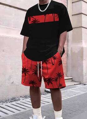 Men's Tropical Print T-Shirt, Fitted Round Neck Short