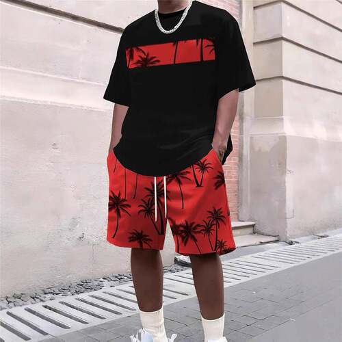 Men's Tropical Print T-Shirt, Fitted Round Neck Short