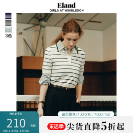 eland衣恋短袖毛衣女(毛衣女，)夏季复古撞色条纹，格雷系刺绣图案上衣