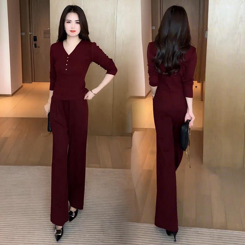 好货时尚休闲套装女秋季新款设计感长袖v领T恤阔腿裤显瘦减龄两件