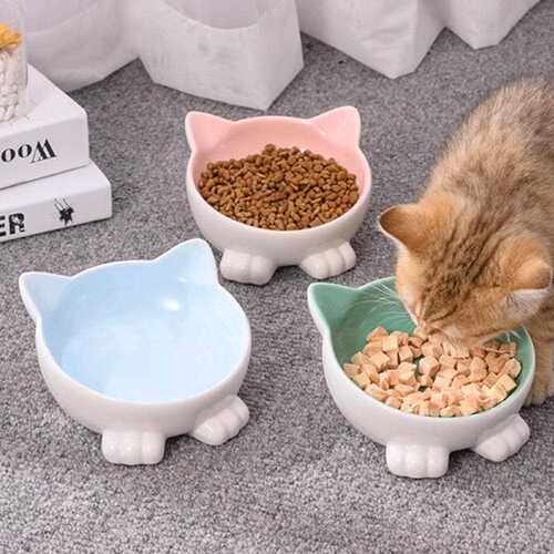 新款直销可爱猫脚形状宠物碗防打翻猫水碗斜口猫食盆猫碗陶瓷高脚