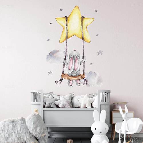 Bunny Baby Nursery Wall Stickers Cartoon Rabbit Swing on the