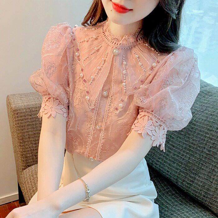 香港TIMO雪纺衬衫女夏季2025气质蕾丝泡泡袖上衣时尚洋气短袖小衫