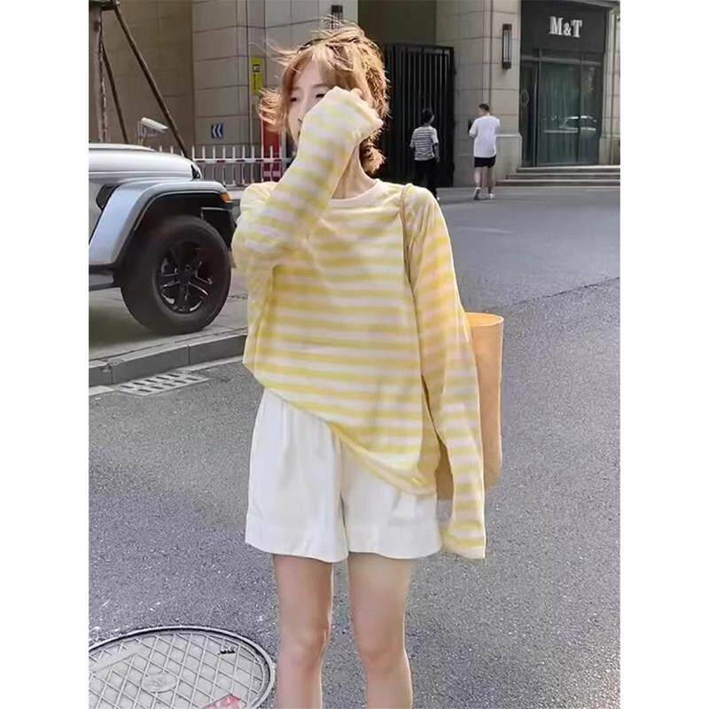 日系黄色条纹薄纱防晒罩衫女夏季薄款外搭冰丝长袖t恤外穿上衣潮