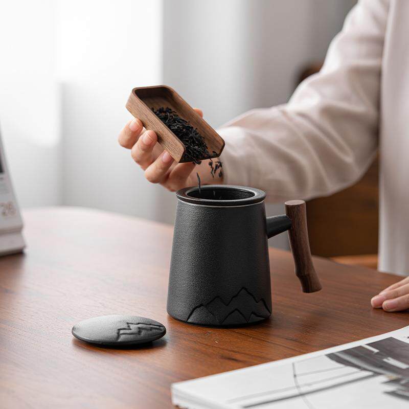 千山办公杯陶瓷马克杯带盖过滤三件套茶水分离大容量喝水杯茶杯