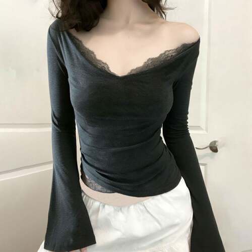 Lace V-Neck Patchwork Long Sleeve T-Shirt Y2K Elegant Basic