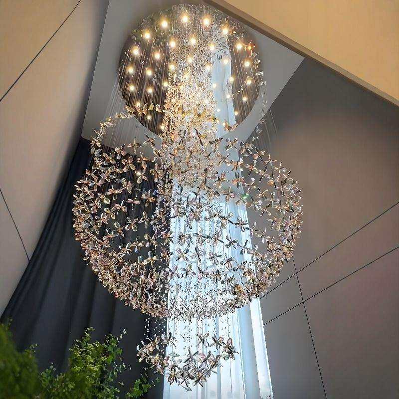 现代简约LED灯复式楼楼梯吊灯别墅楼中楼挑空轻奢花朵客厅大水晶
