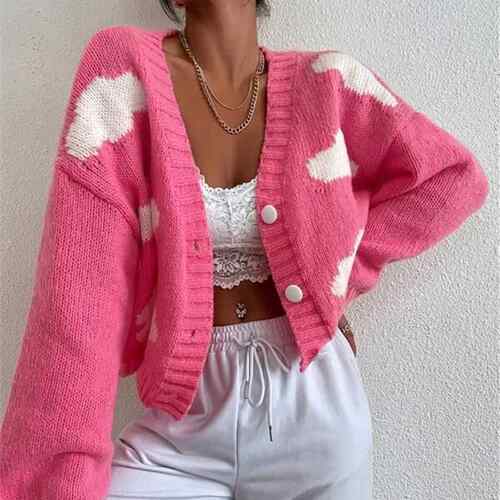 V-neck off shoulder knitted cardigan with three buttons