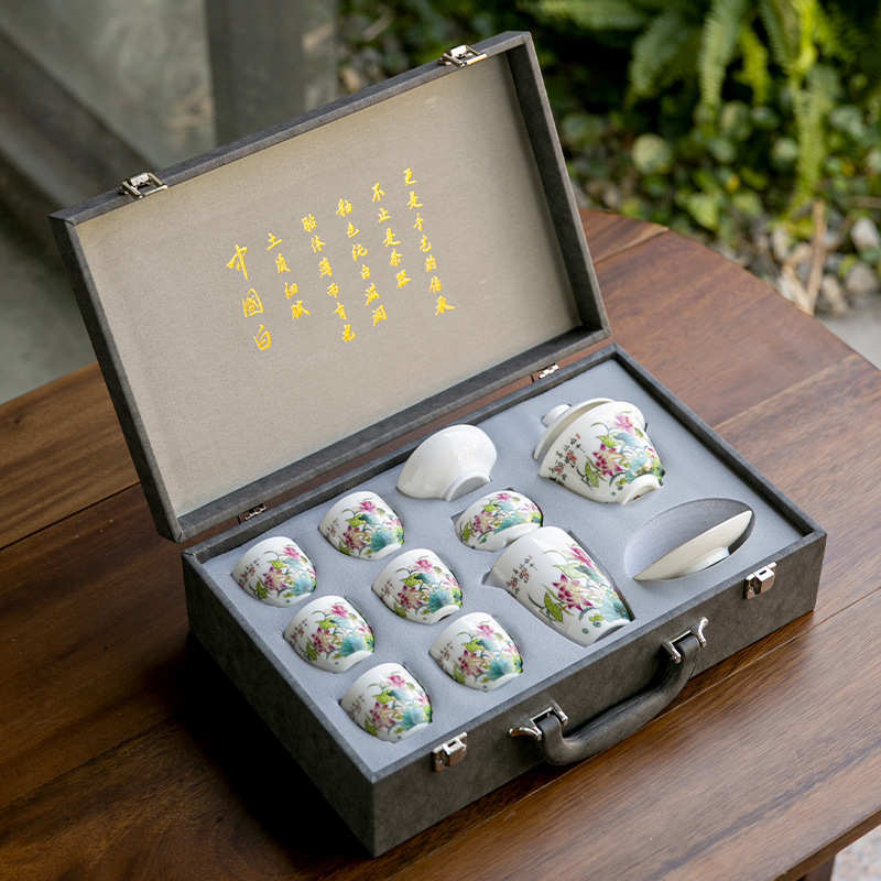 2025新款荷花功夫茶具套装陶瓷悬停盖碗茶杯轻奢高档家用喝茶