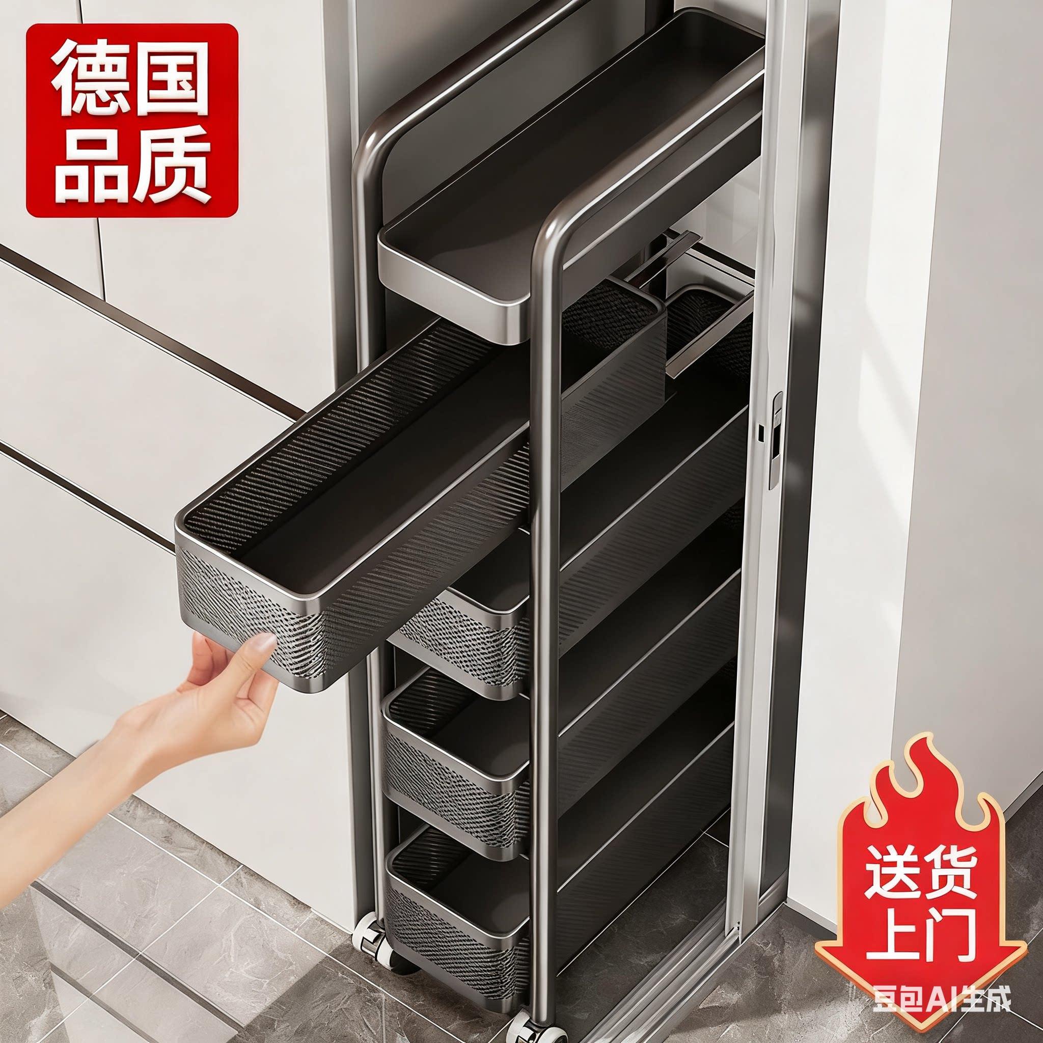 德国厨房夹缝置物架门后冰箱侧面极窄缝抽拉篮缝隙收纳柜小推车