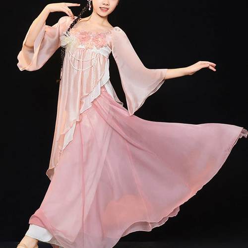 高档儿童女童古典舞服新中仙气花朵纱功衣飘逸裤裙中国式舞蹈演出