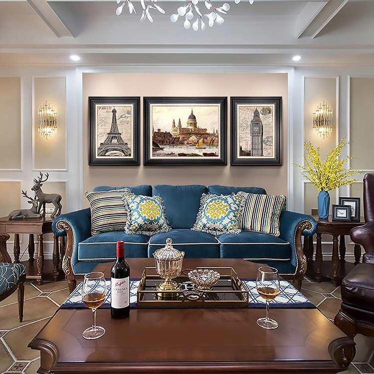 美式客厅装饰画沙发背景墙挂画复古名画油画欧式建筑壁画法式墙画图片