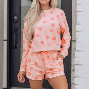 Matching Polka Dot Outfit Women Beige Drop Shoulder Pullover
