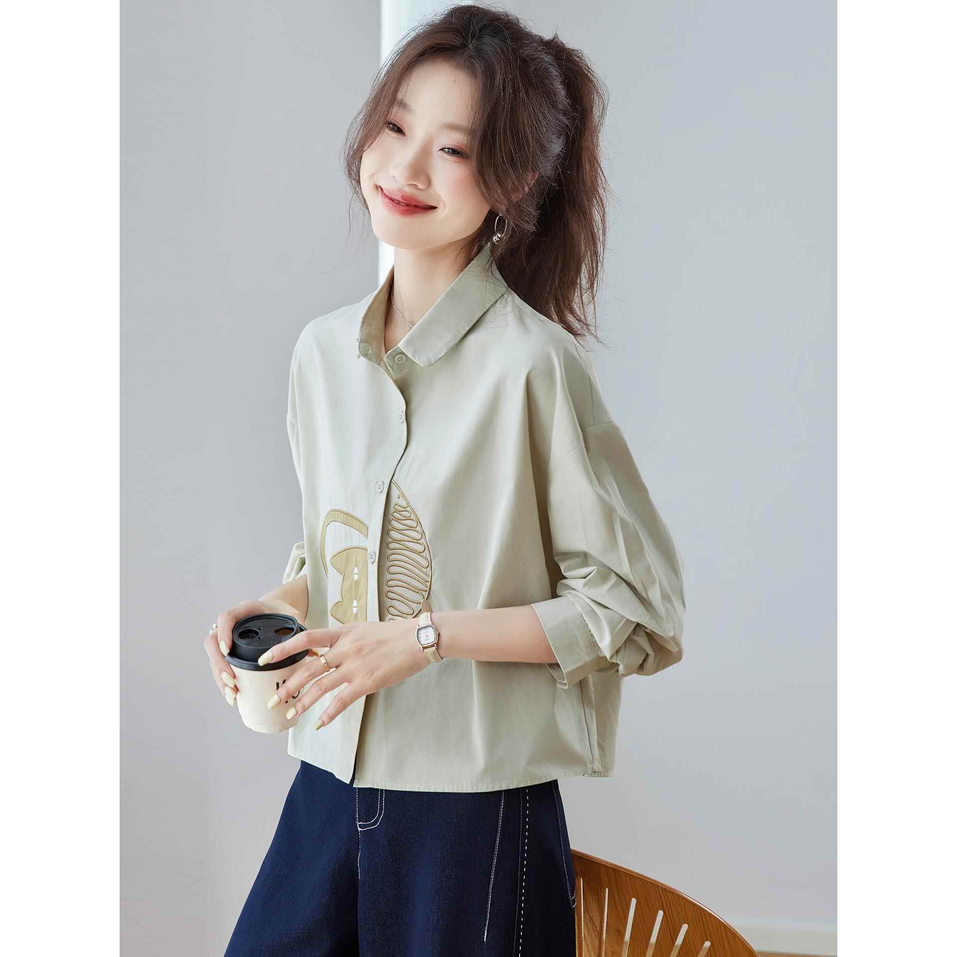 小个子短款高腰长袖衬衫上衣女2025新款春秋装宽松慵懒风纯棉衬衣