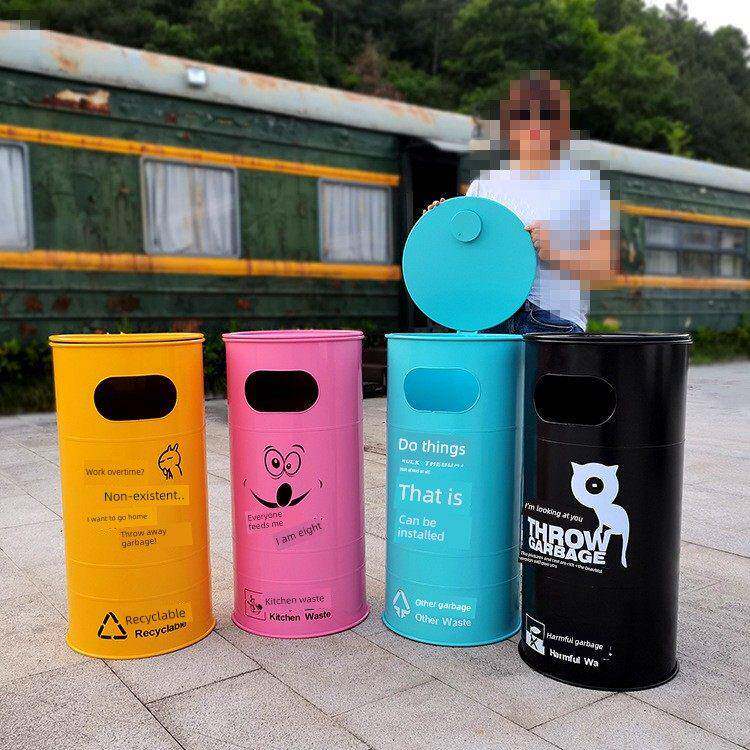 景区铁工业风网红个性创意垃圾桶户外室外果皮箱大容量圆筒高颜值