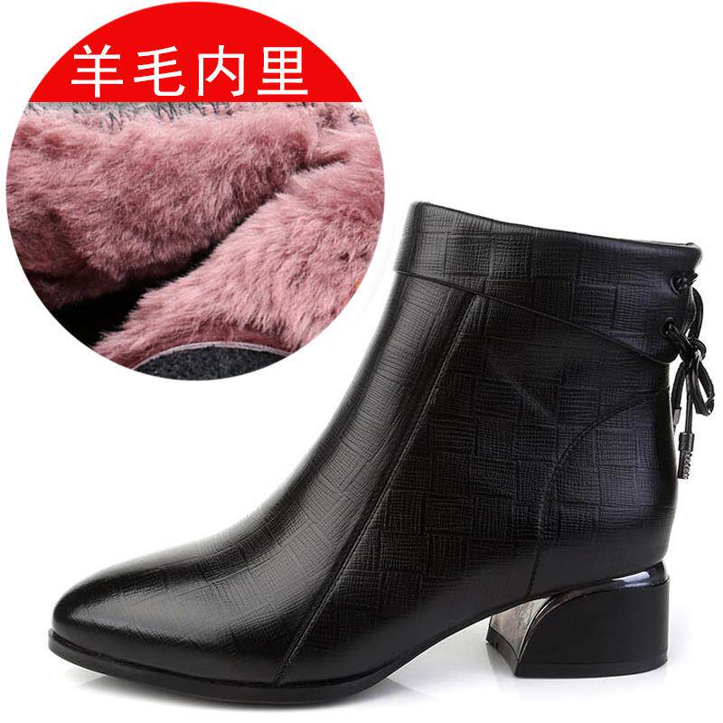 新款真皮中跟粗跟皮尖头女短靴子中年马妈妈鞋软皮丁加靴冬季绒棉