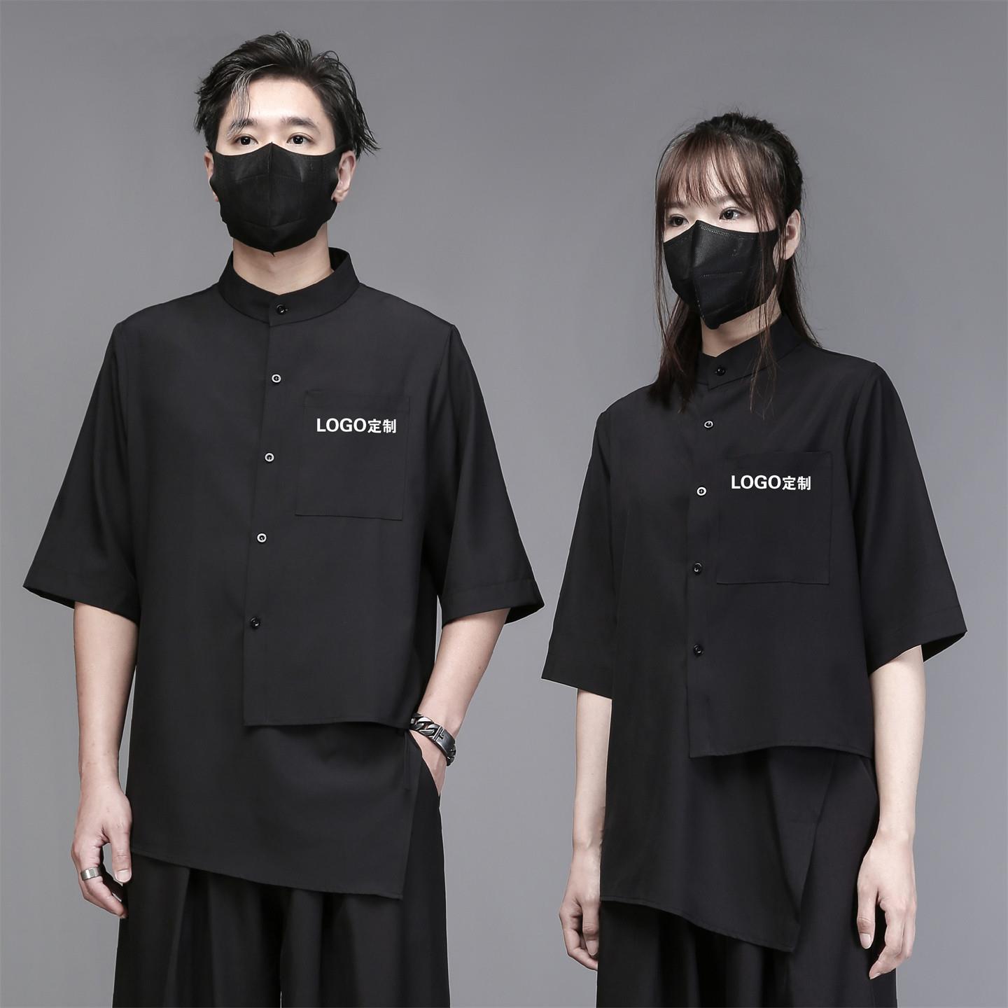 酒吧餐饮理髲型师店廊时尚商务美发师半袖短袖衬衫工作服定制logo