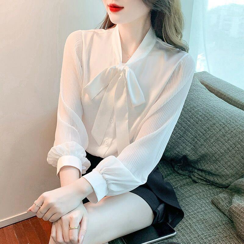 欧洲站白色衬衫女高级小众设计感2025新款春秋蝴蝶结百搭飘带上衣