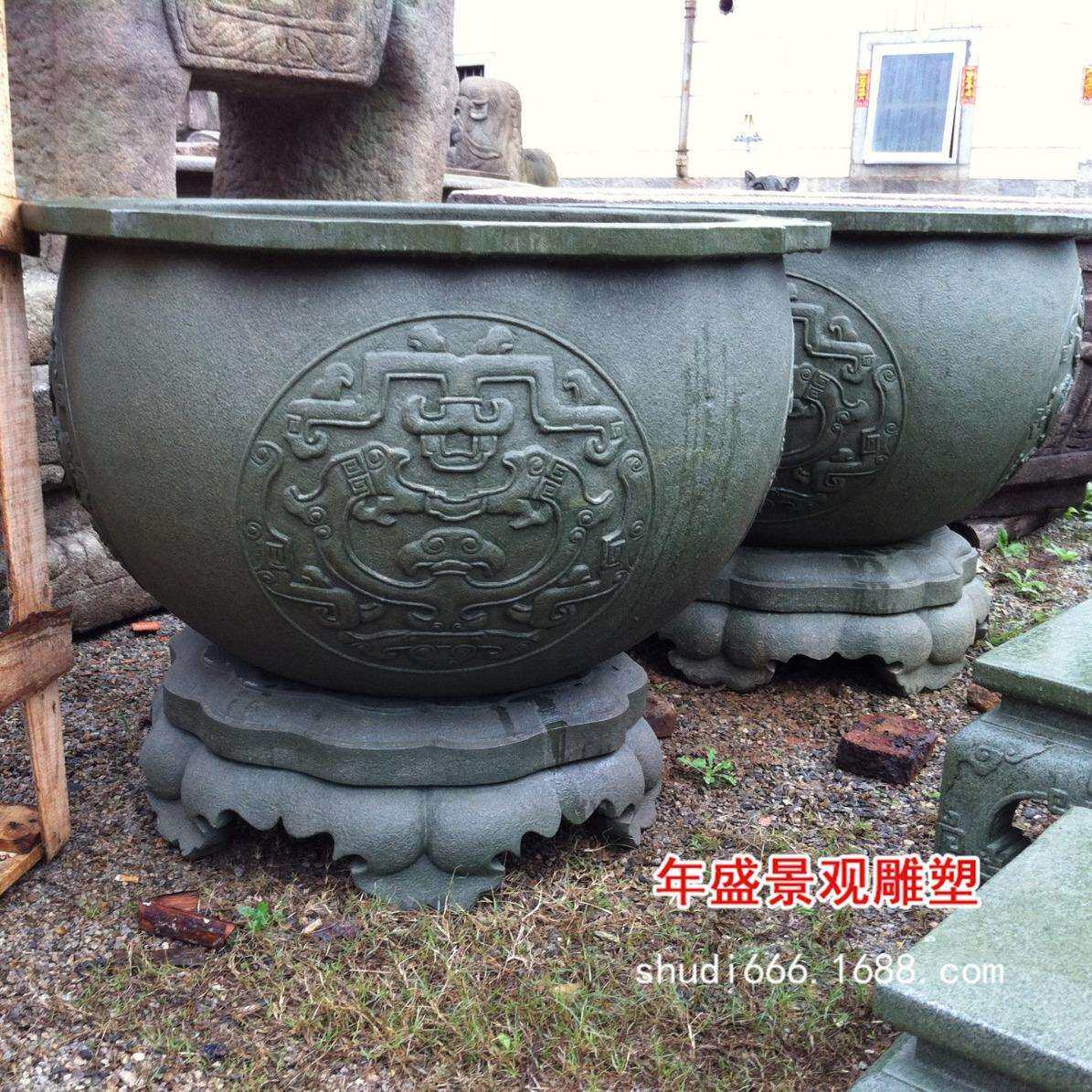 仿古石雕鱼缸水槽 青石雕刻仿古石头花盆 做旧花盆崇武雕刻