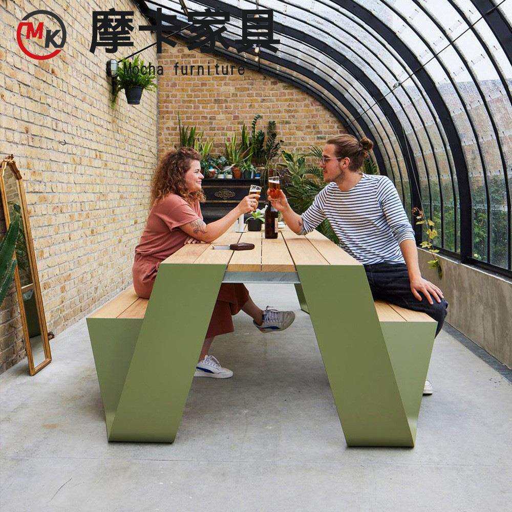 户外餐桌椅套连体长凳院子餐厅休闲露天庭院不锈钢外摆餐桌椅组合