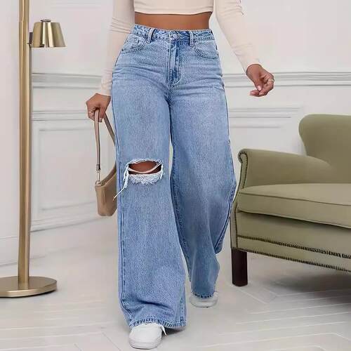 South American ripped wide leg jeans women's