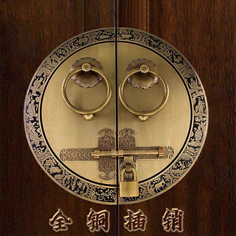 彷古中式明插销纯铜门栓双开关大门锁扣户外花园覆古木门门锁铜把