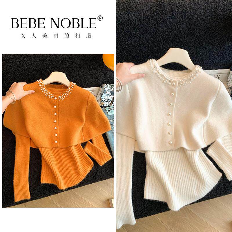BEBE NOBLE烫钻斗篷披肩针织衫女秋冬季小香风两件套毛衣针织上衣