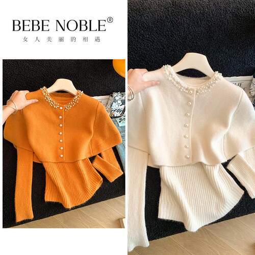 BEBE NOBLE烫钻斗篷披肩针织衫女秋冬季小香风两件套毛衣针织上衣