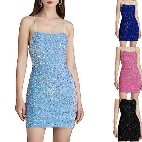 Shiny Velvet Bead Shining Low Round Neck Tight Dress Short
