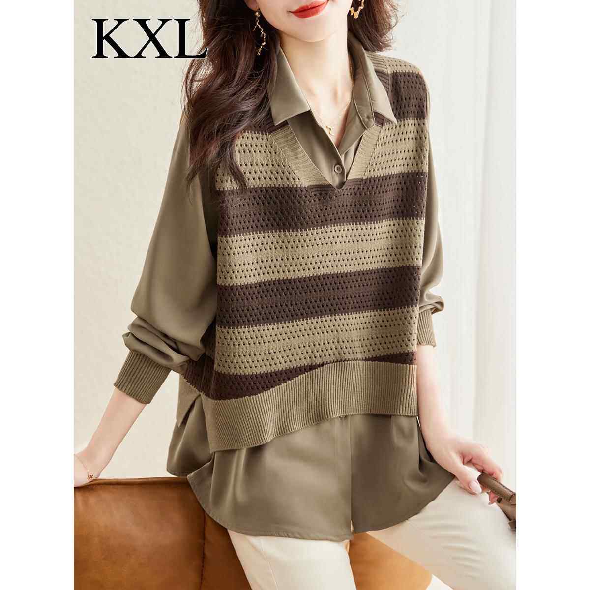 2025新款春秋高级感气质假两件衬衫拼接针织上衣女宽松遮肚子小衫