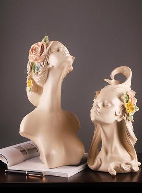 花发女孩北欧雕塑摆件树脂雕像艺术头像酒柜家居饰品客厅软装饰品