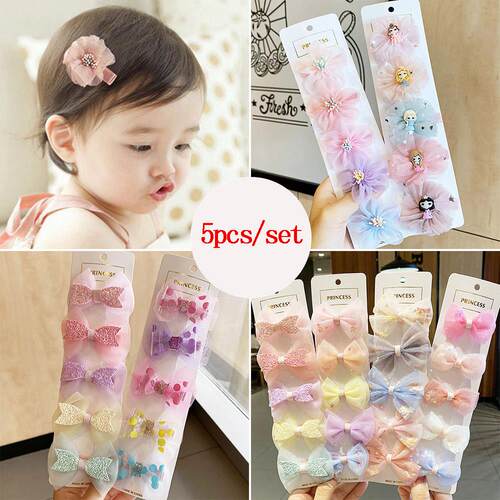 3/5PCS Girls Cute Colorful Chiffon Bow Hairpins Kids Sweet H