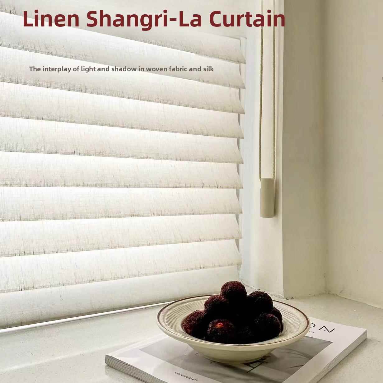 中古风亚麻香格里拉窗帘半遮光阳台客厅书房免打孔百叶帘电动卷帘