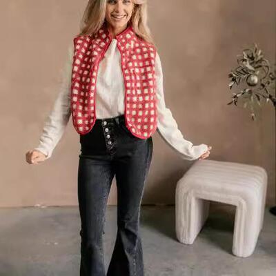 Womens Checkered Sherpa Vest Sleeveless Winter Fleece Jacket
