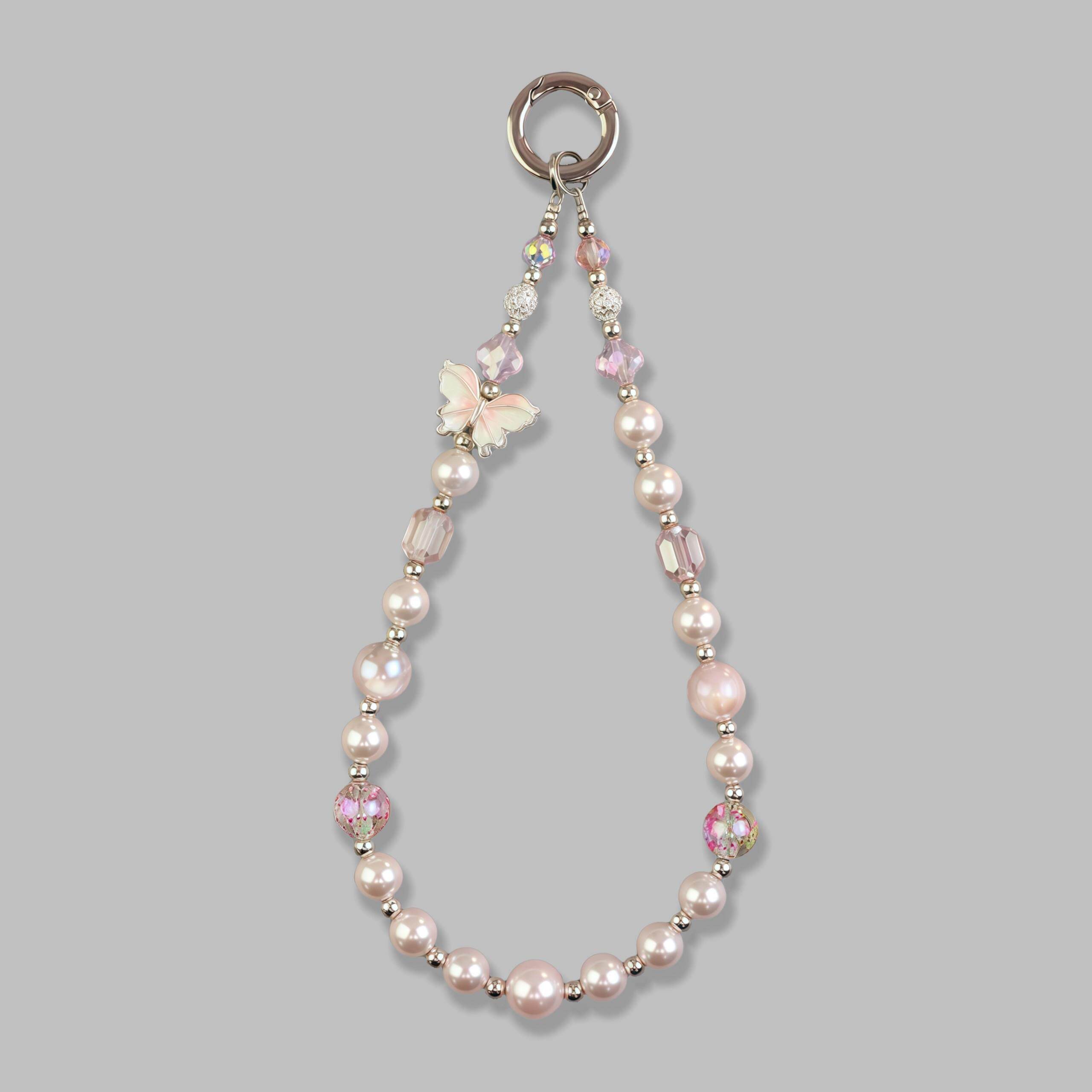 粉色蝴蝶珍珠手机挂绳女高级感水晶手机挂绳手腕串珠超好看精致炼