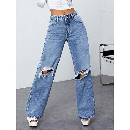 Women Street Ripped Straight Leg Jeans Streetwear Waist Slim
