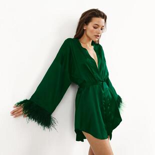 Feather Bathrobes Satin Sexy Mini Dress Long Sleeve Loose Pe