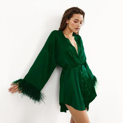 Feather Bathrobes Satin Sexy Mini Dress Long Sleeve Loose Pe
