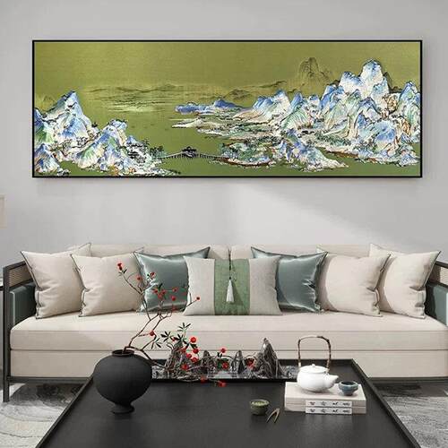 《千里江山图》新中式客厅装饰画餐厅壁画苏绣喷绘沙发背景墙挂画