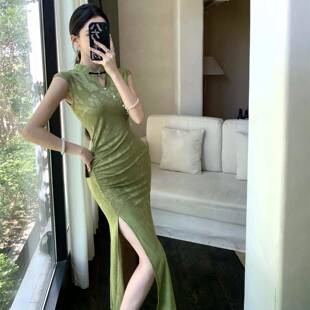 足浴按摩技师工装 柔式 提花改良旗袍裙性感高开叉晚礼服新款 新中式