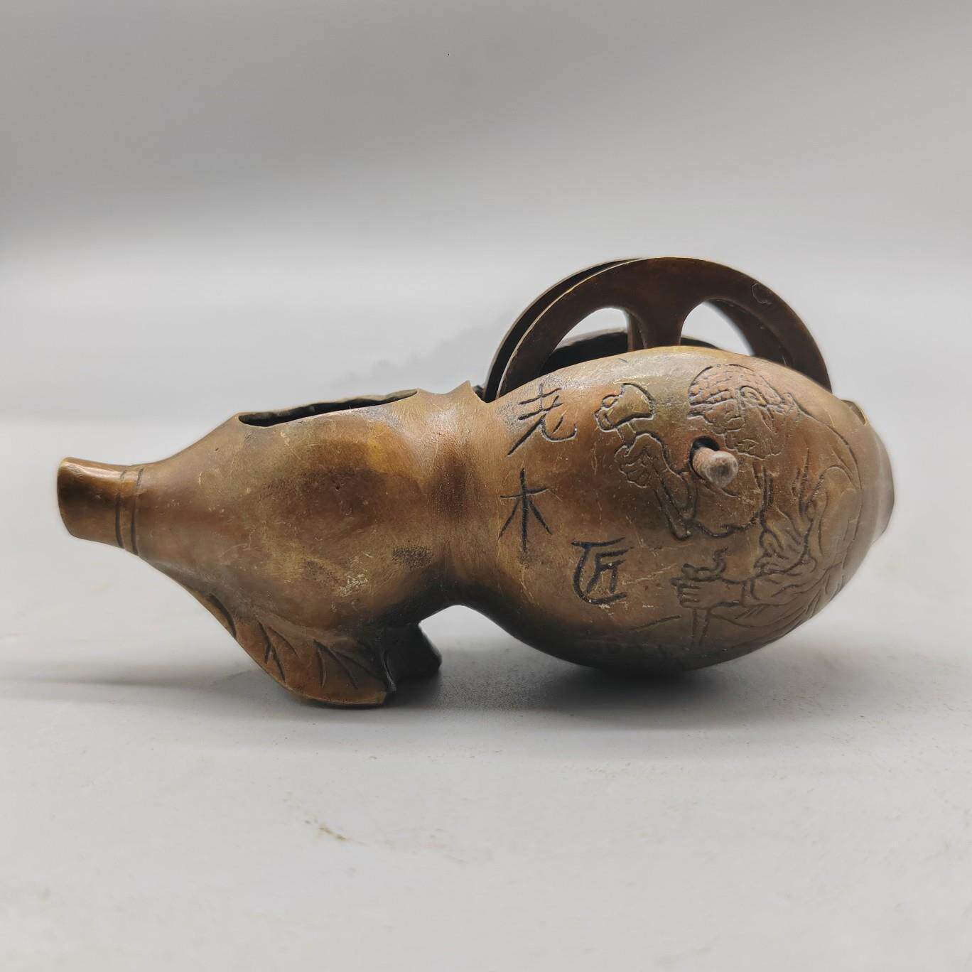 古玩仿古老式龙纹墨斗摆件复古纯铜仿民国真品古董墨斗收藏工艺品