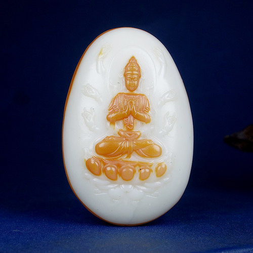 千手观音新疆和田玉羊脂白玉独籽籽料黄沁皮观音吊坠挂件72.10g