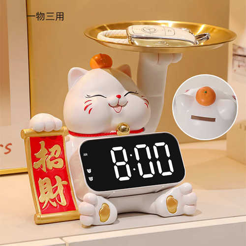 高档轻奢招财猫时钟摆件钟表摆台式创意客厅桌面电子表摆放式闹钟