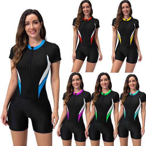 Jumpsuit women's short sleeved zipper flat angle swimsuit