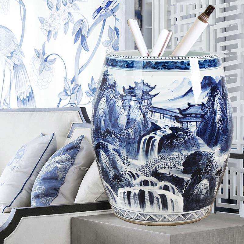 景德镇陶瓷书画缸手绘青花瓷仿古瓷器画缸字画筒卷轴缸书房收纳大
