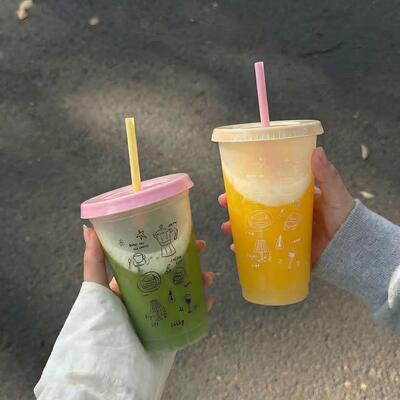 原创ins涂鸦水杯夏日pp塑料杯高颜值女生便携随手杯冷泡茶果汁杯
