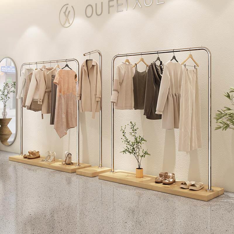 高档服装店实木中岛展示架落地式女装店衣架落地杆挂衣架子专用